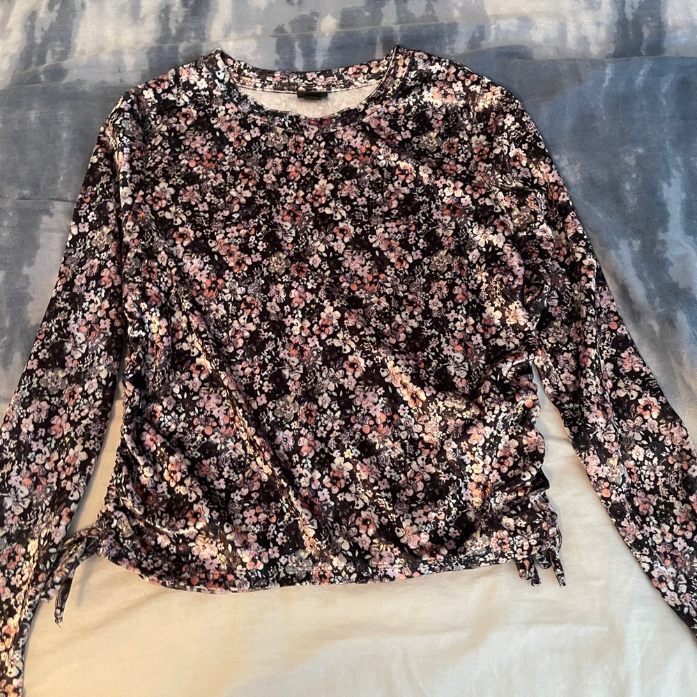 Kids Floral Side Tie Velvet Blouse
